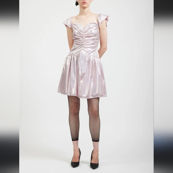 Batsheva Designer Shimmery Metallic Pink flutter sleeve sweetheart Dress size8/4 - Picture 10 of 15
